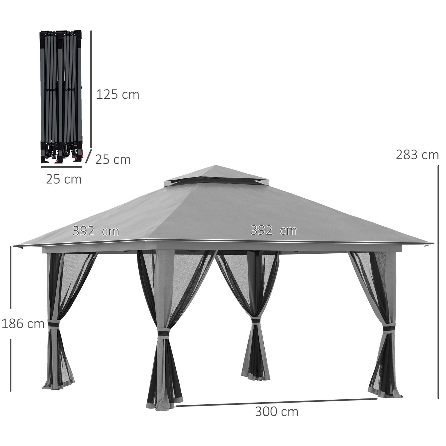 Hopfällbar Paviljong 4X4M Pop-Up Trädgårdspaviljong Med Uv-Skydd Och Nätväggar, Dubbeltak, Mörkgrå