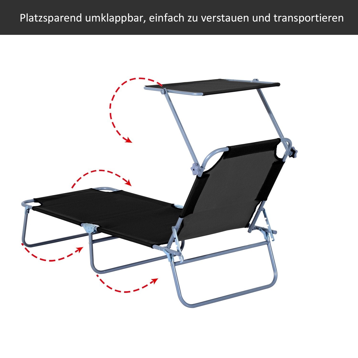 Hopfällbar Solstol Trädgårdssäng Med Solskydd, Svart, 187X58X36 Cm