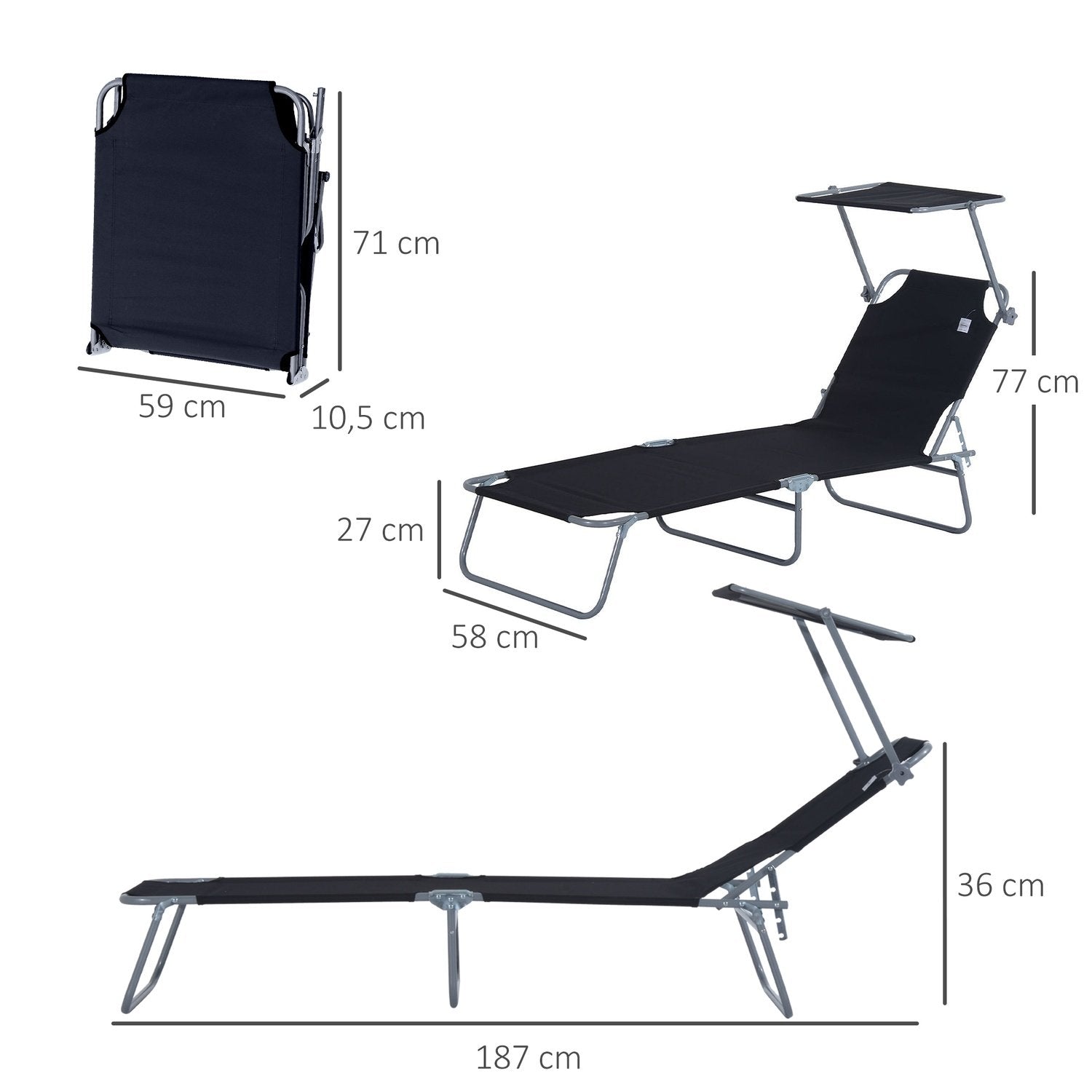 Hopfällbar Solstol Trädgårdssäng Med Solskydd, Svart, 187X58X36 Cm