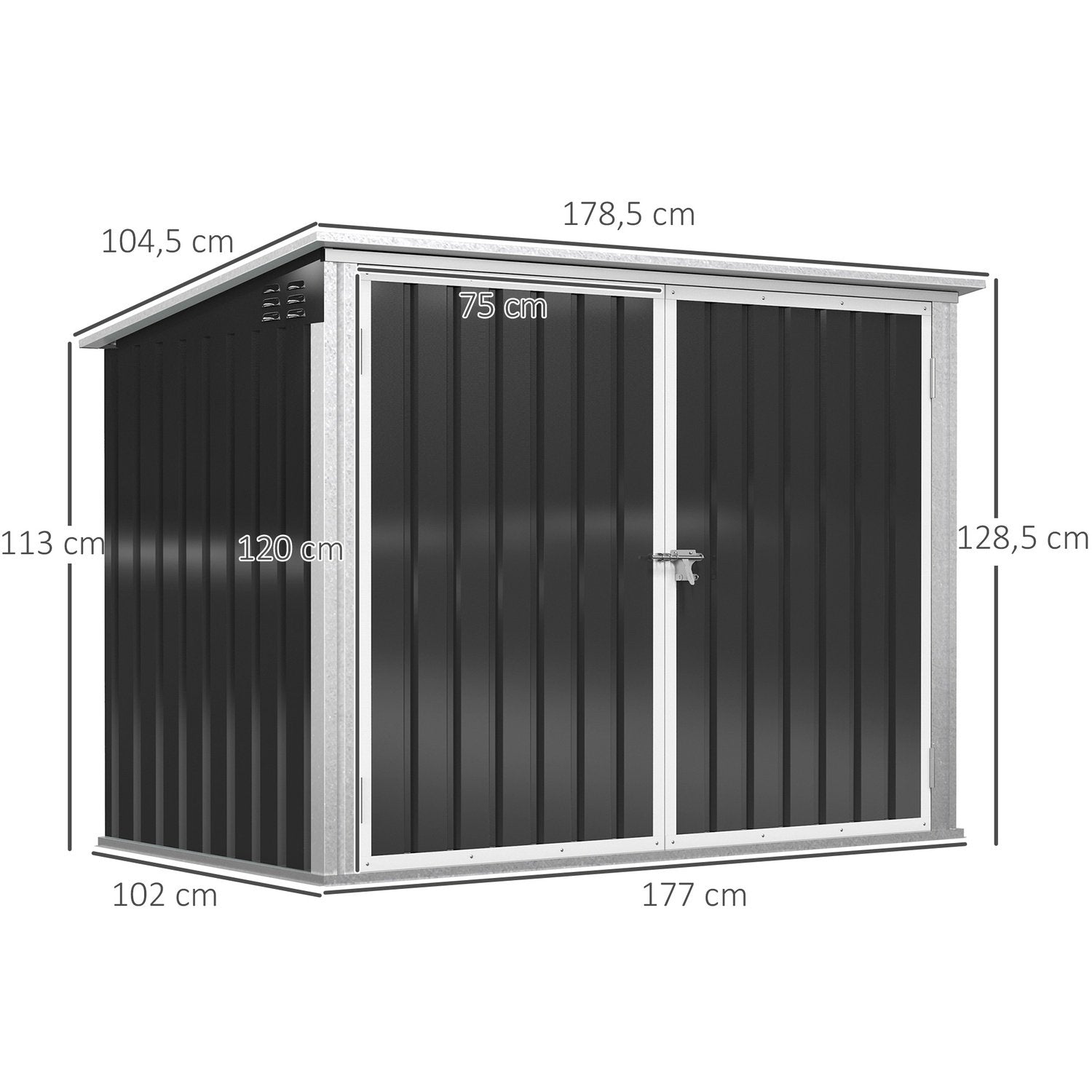 Soplåda, Soplåda, Förråd, Låsbar Utrustningslåda För 2 Soptunnor, Stål, 178,5 X 104,5 X 128,5/113 Cm, Svart