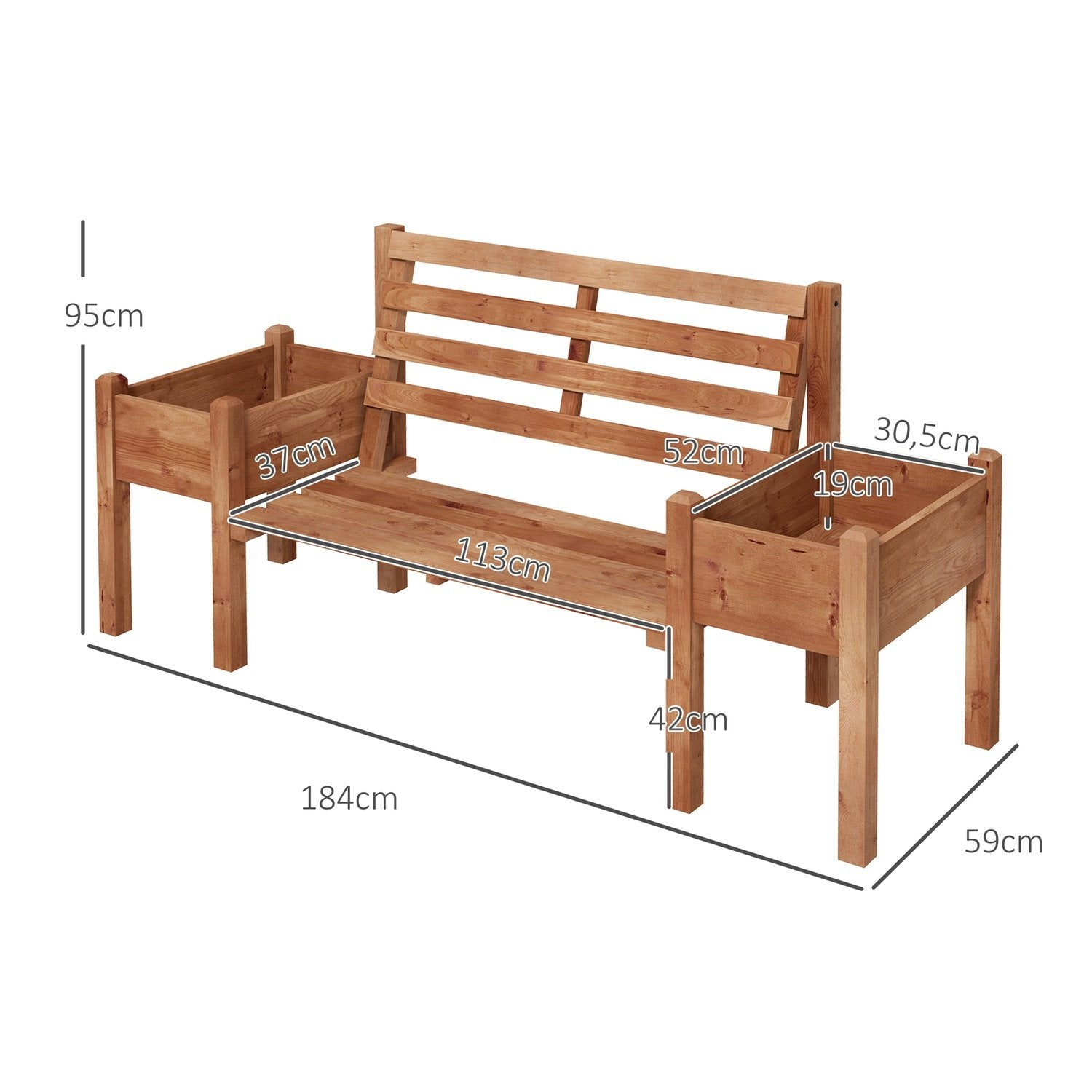 Trädgårdsbänk, 2-Sits Bänk, Träbänk, Balkongbänk Med Blomlåda, För Trädgård, Terrass, Lastkapacitet Upp Till 240 Kg