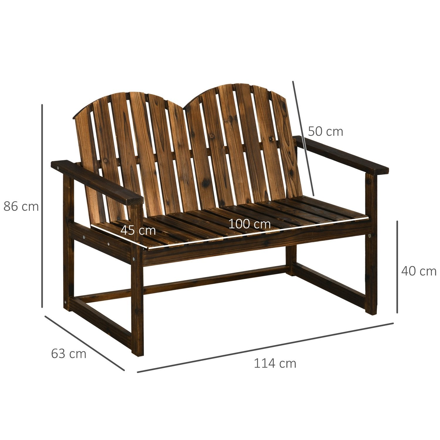 Trädgårdsbänk, 2-Sits Bänk, Träbänk Med Ryggstöd, Armstöd, Parkbänk, Lastkapacitet Upp Till 240 Kg, För Trädgård, Balkong, Förkolnad