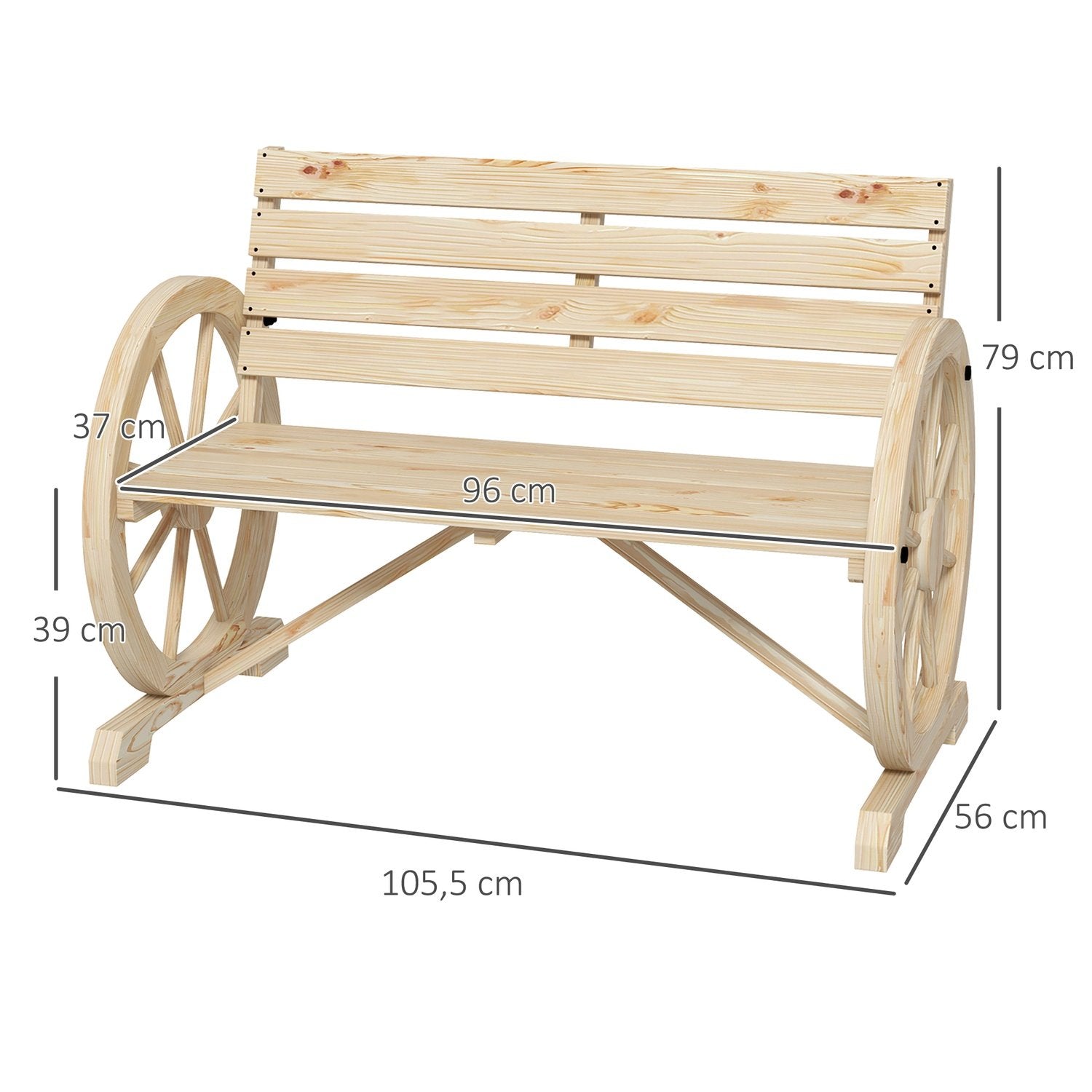 Trädgårdsbänk 2-Sits Träbänk Parkbänk I Vagnhjulsdesign, Bänk Med Armstöd I Lantlig Stil, Rymmer Upp Till 240 Kg, Naturligt Granträ