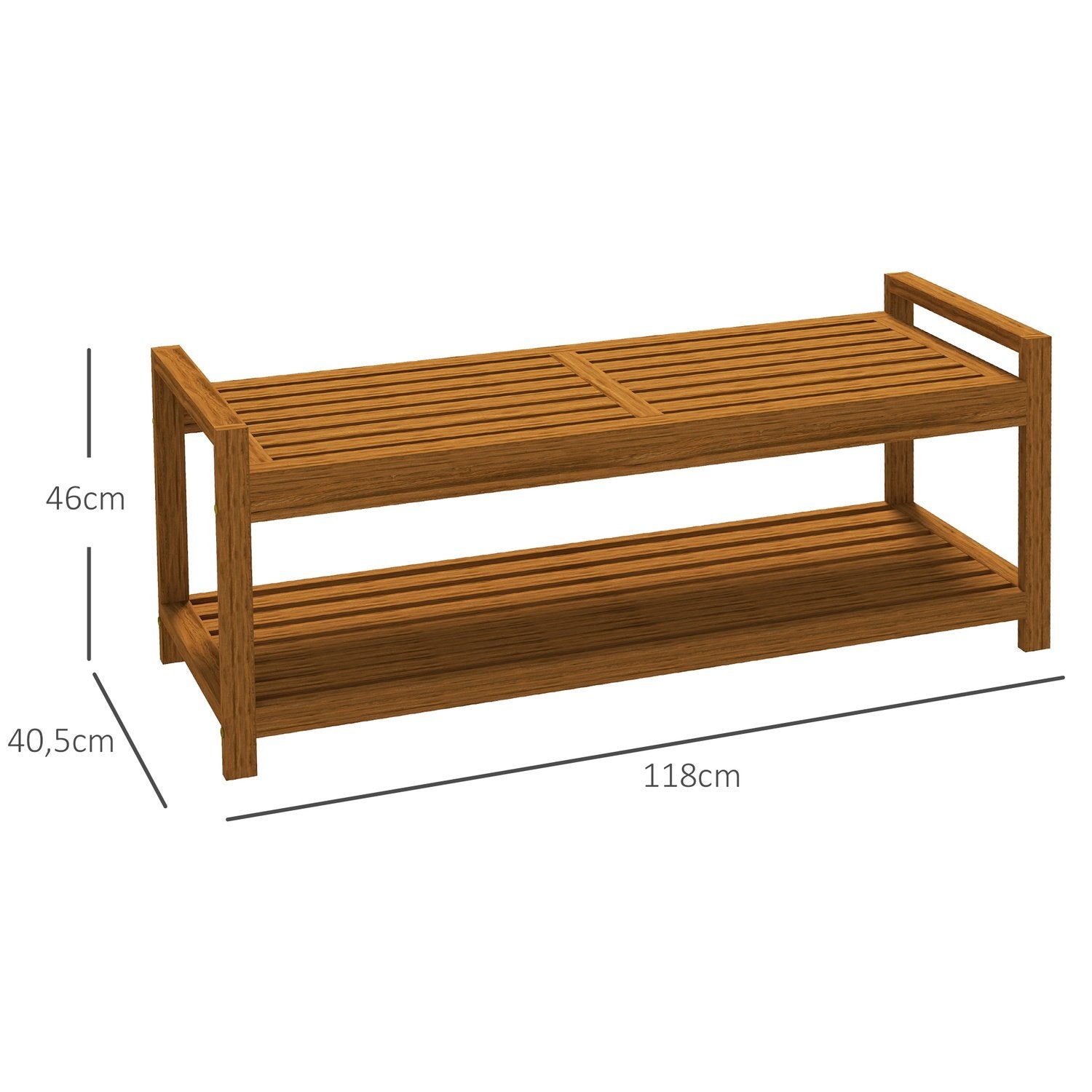 Trädgårdsbänk Med Armstöd Träbänk Med Hylla 2-Sits Parkbänk För Balkong, Terrass, Bärförmåga Upp Till 250 Kg, Teak, 118 X 40,5 X 46 Cm