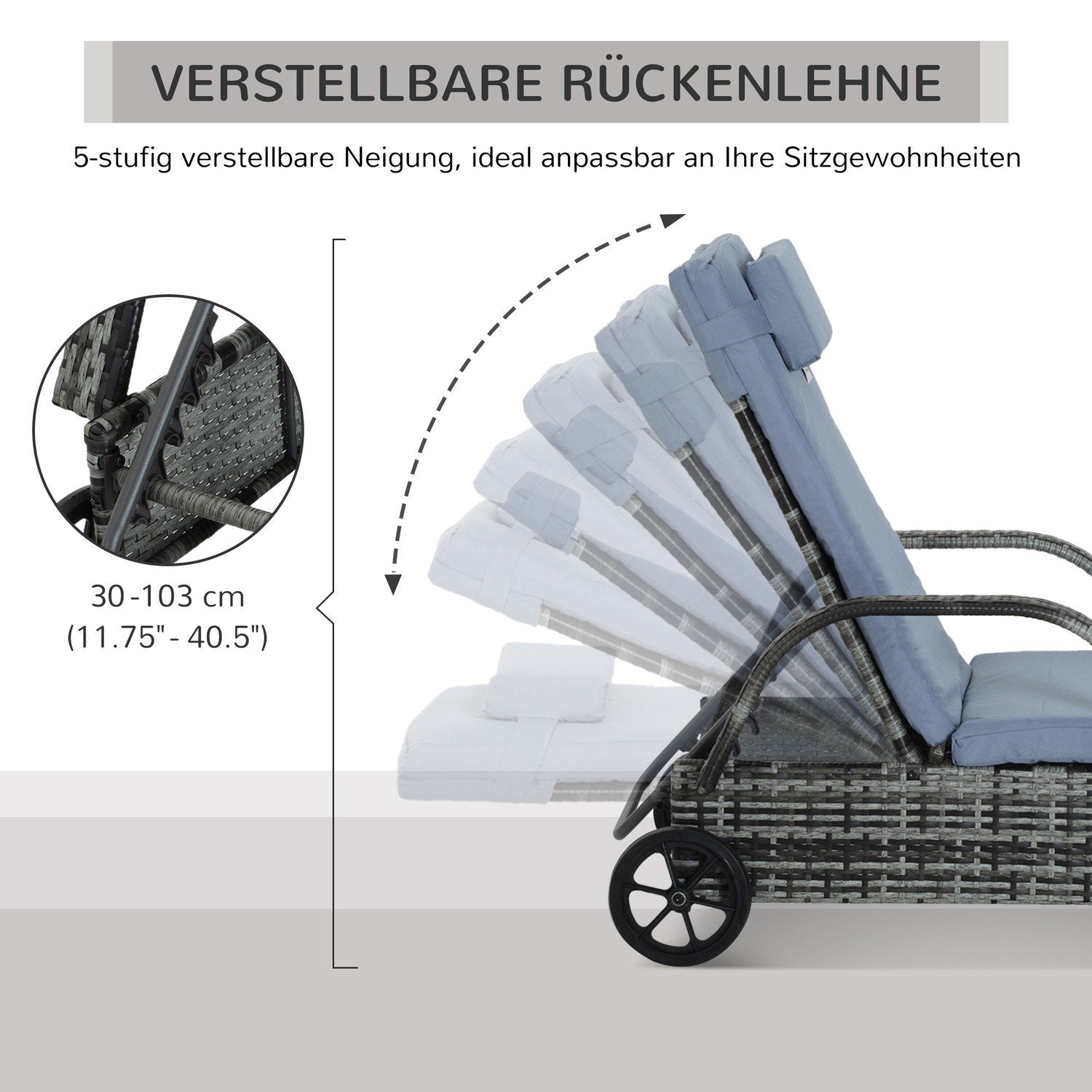 Trädgårdsmöbler Trädgårdsstol Solstol Mobil Med Dyna, Polyrattan + Metall, Grå, 200X73X30-103Cm