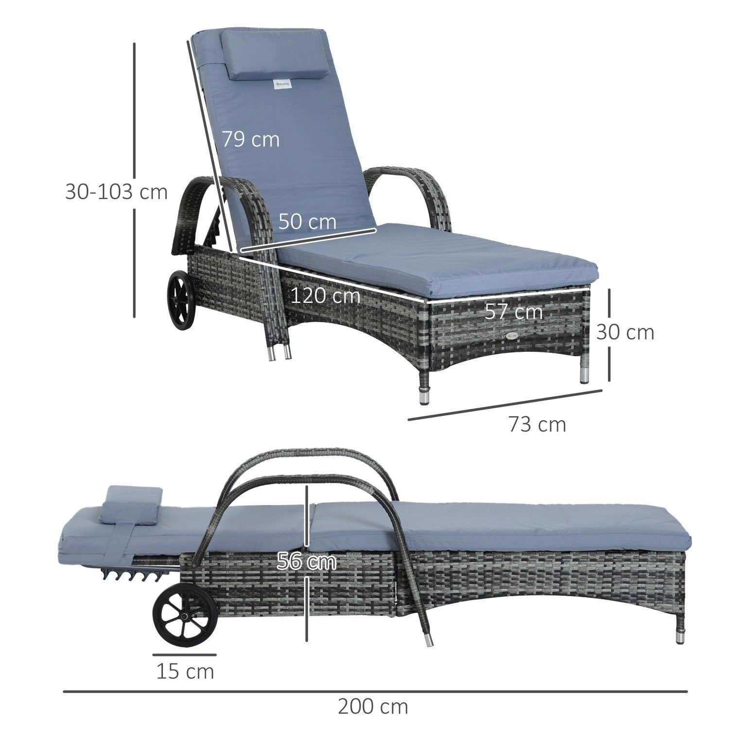 Trädgårdsmöbler Trädgårdsstol Solstol Mobil Med Dyna, Polyrattan + Metall, Grå, 200X73X30-103Cm