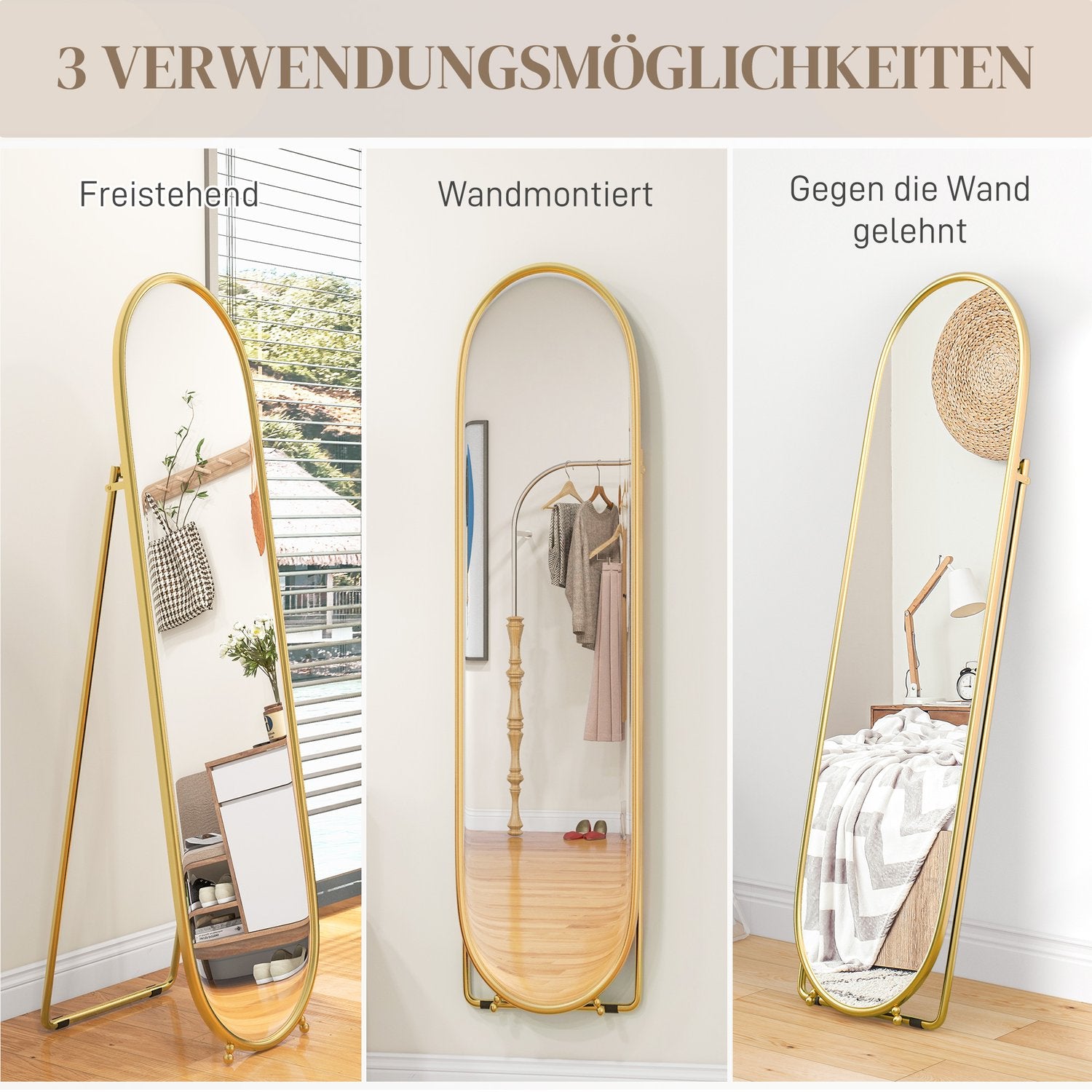 Oval hellängdsspegel, 160x40cm guldmetallram med stativ