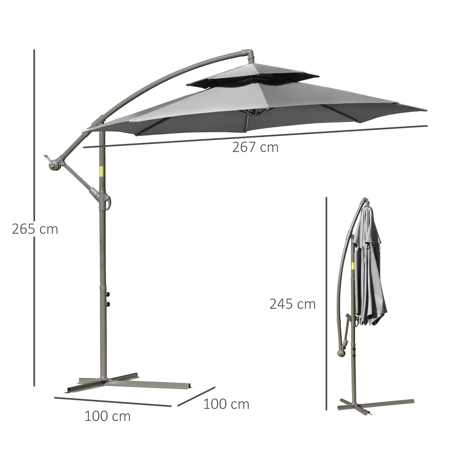 Parasoll Fribärande Paraply Ø2,67 X 2,45 M Vevparaply Med Dubbeltak Korsbas Stål Utomhus Solskydd Polyester Stål Ljusgrå