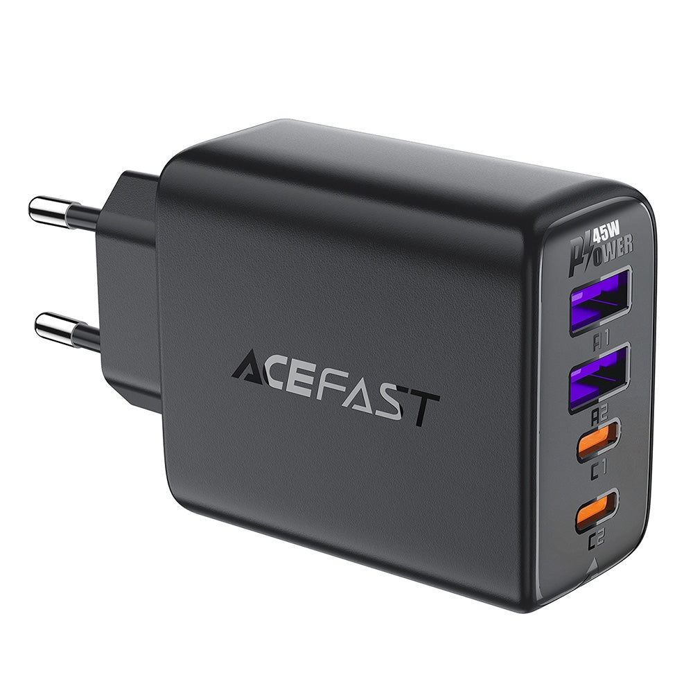 PD 45W GaN nätverksladdare med 4 portar 2x USB-C + 2x USB-A svart