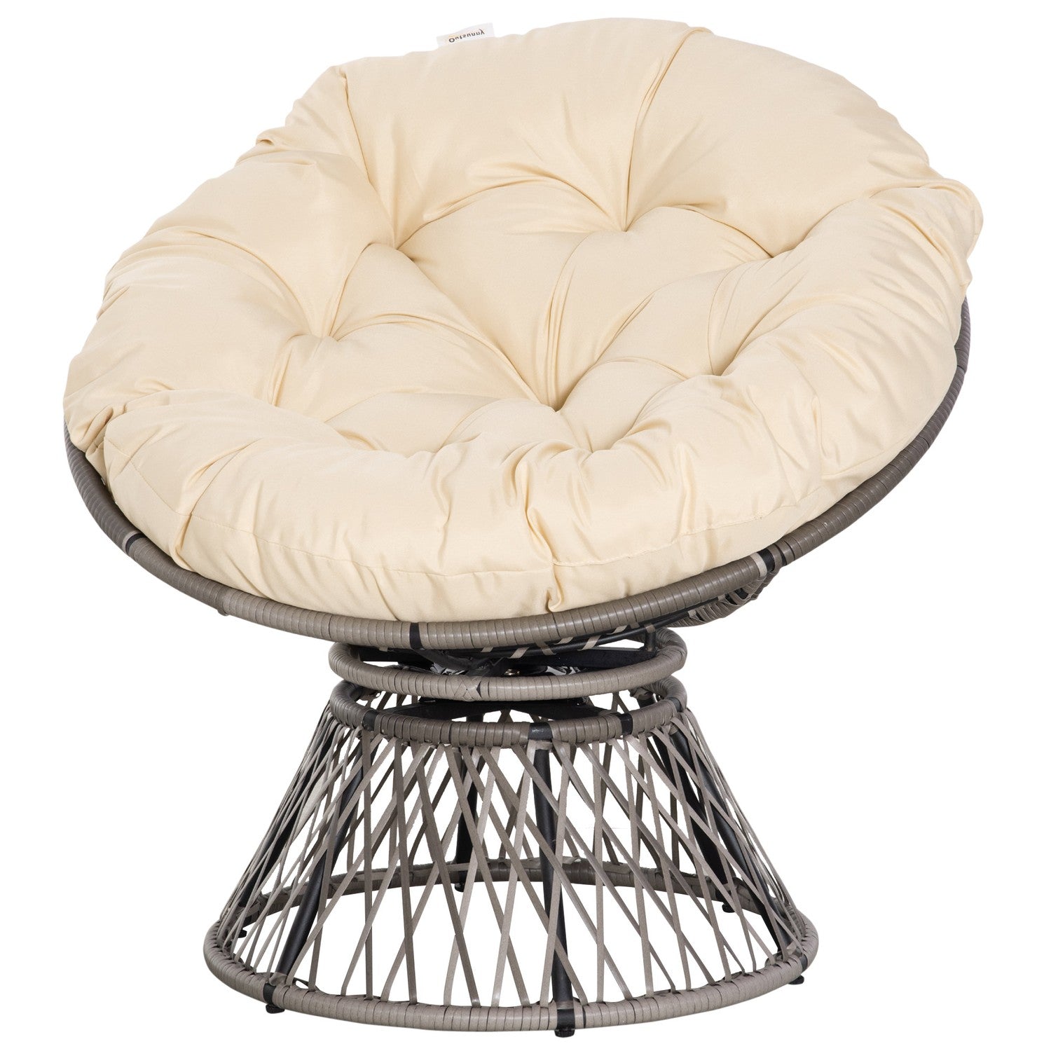 Flätad Papasan-stol med dyna, 360° metallram, kräm