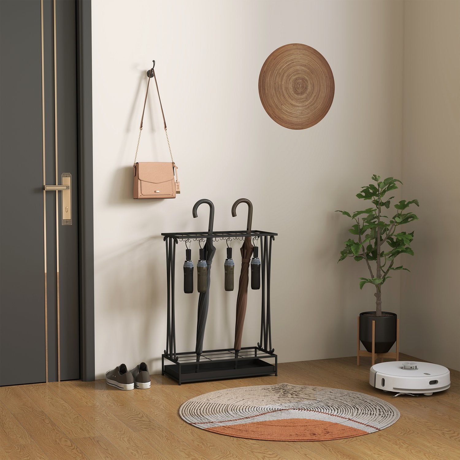 Paraplystativ i stål med 24 krokar & vattenbricka, svart