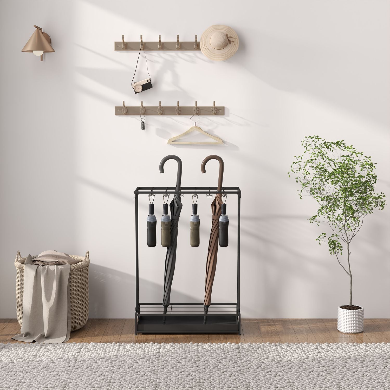 Paraplystativ i stål med 24 krokar & vattenbricka, svart