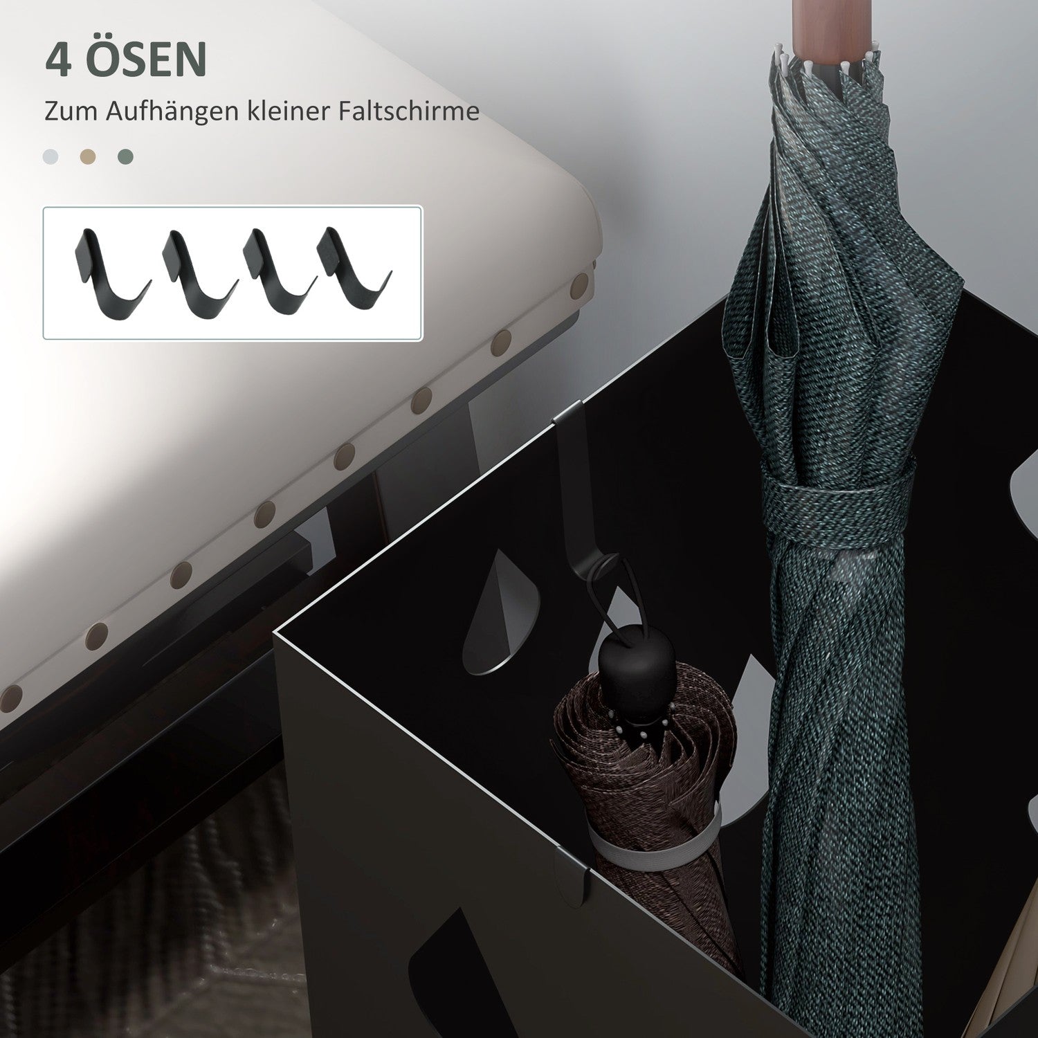 Paraplystativ i svart stål med krokar och droppbricka