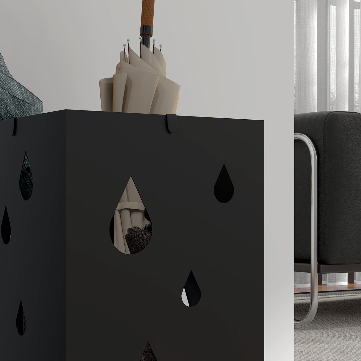 Paraplystativ i svart stål med krokar och droppbricka