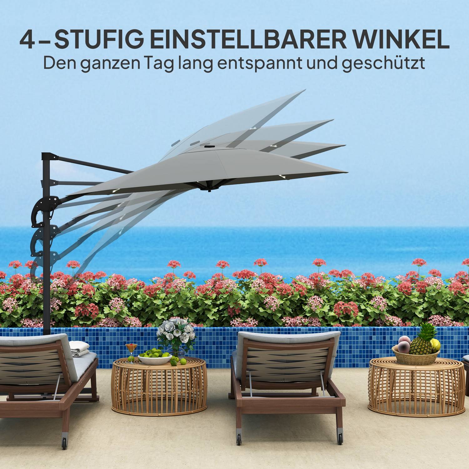 Parasoll i aluminium – 300 cm, LED Solar, UV50+ Justerbar