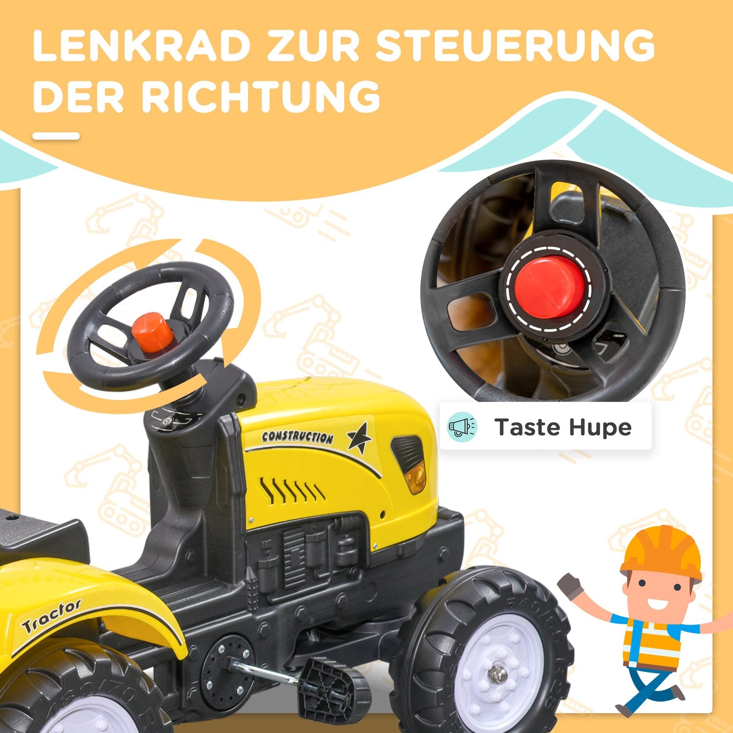 Pedaltraktor för barn, gul, metall, åldrarna 3+