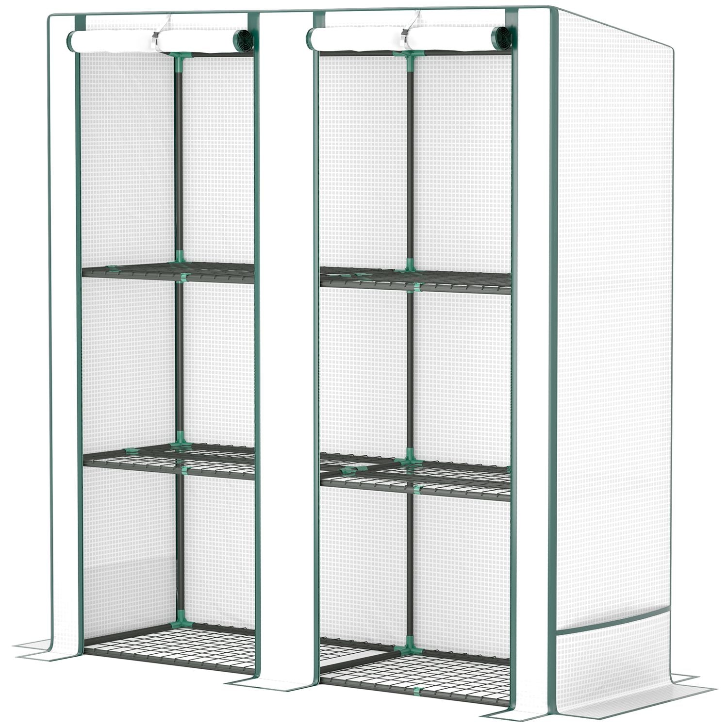 Pent takväxthus med hyllor, stålstomme, vintertät