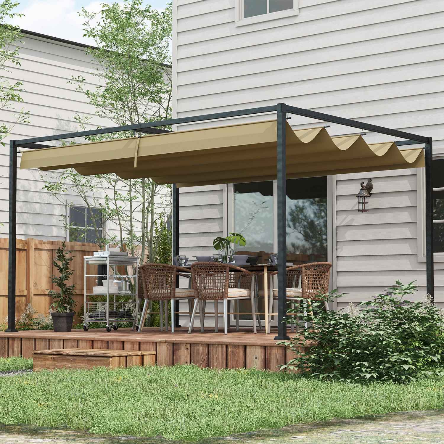 Pergola 4x3m Stål, Justerbart tak, Solskydd Khaki