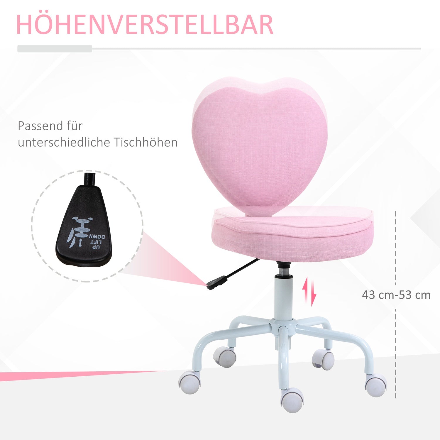 Pink Heart Swivel Stol, justerbar höjd, linnetyg
