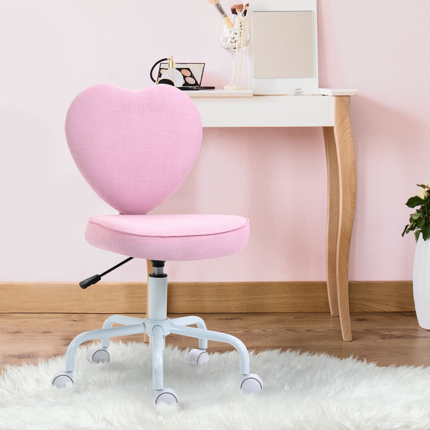 Pink Heart Swivel Stol, justerbar höjd, linnetyg
