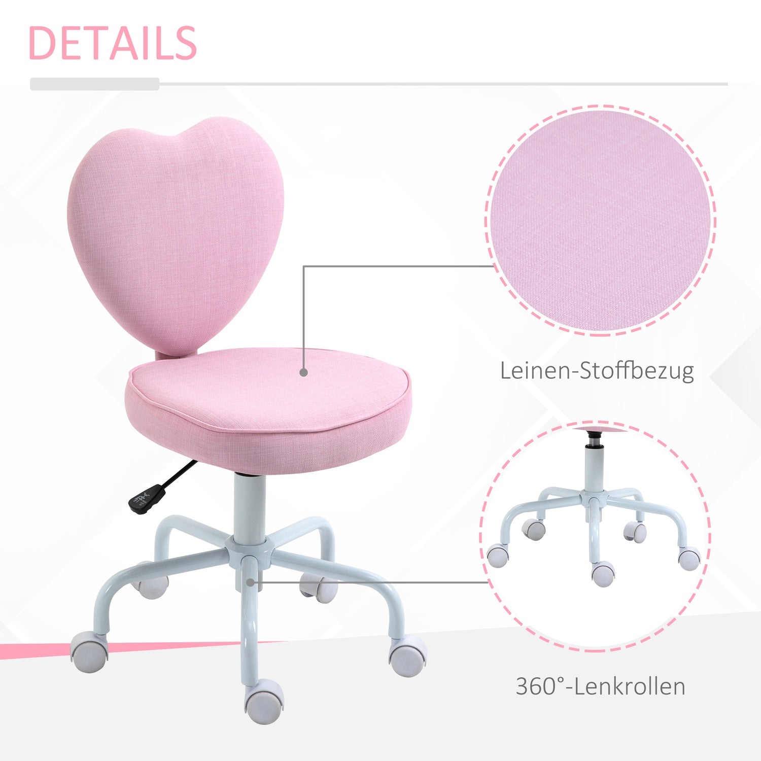 Pink Heart Swivel Stol, justerbar höjd, linnetyg