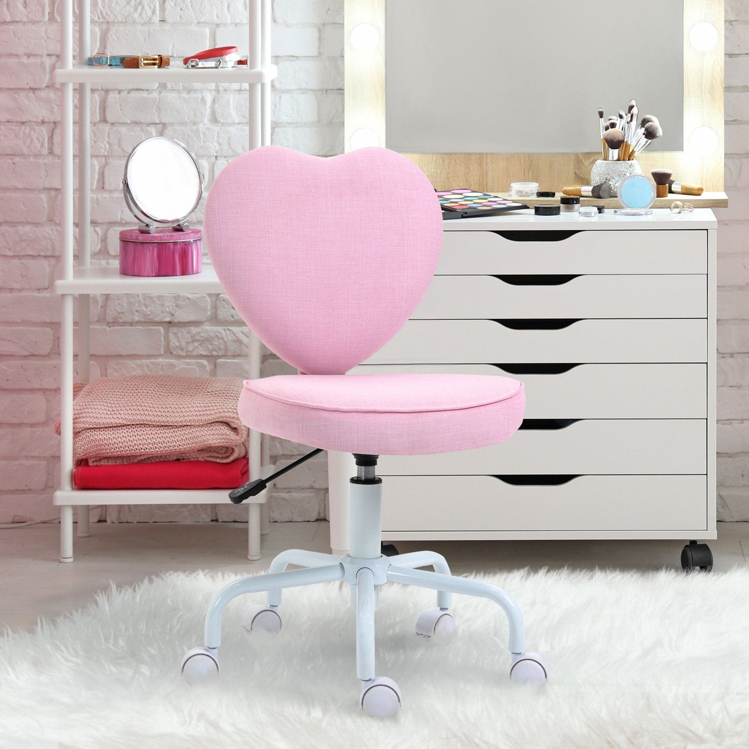 Pink Heart Swivel Stol, justerbar höjd, linnetyg