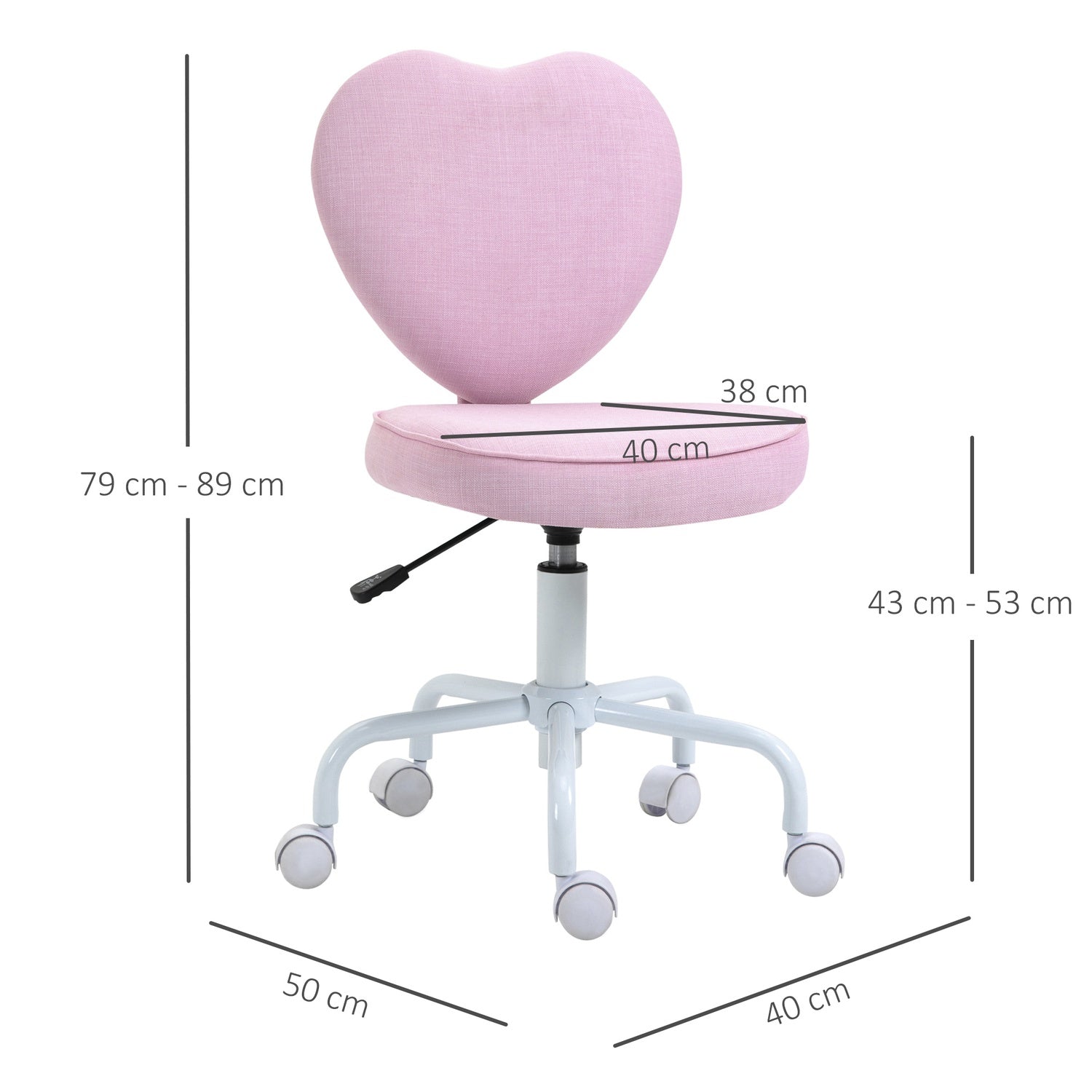 Pink Heart Swivel Stol, justerbar höjd, linnetyg