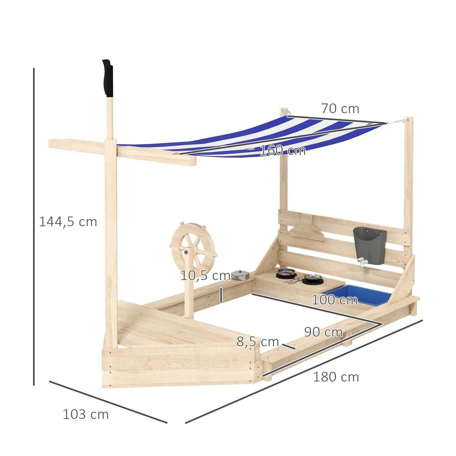 Stor Sandlåda Med Lock Ship Design Sandlåda, Trä, Kök Lekset, För Barn 3-7 År, 180X103X144,5Cm