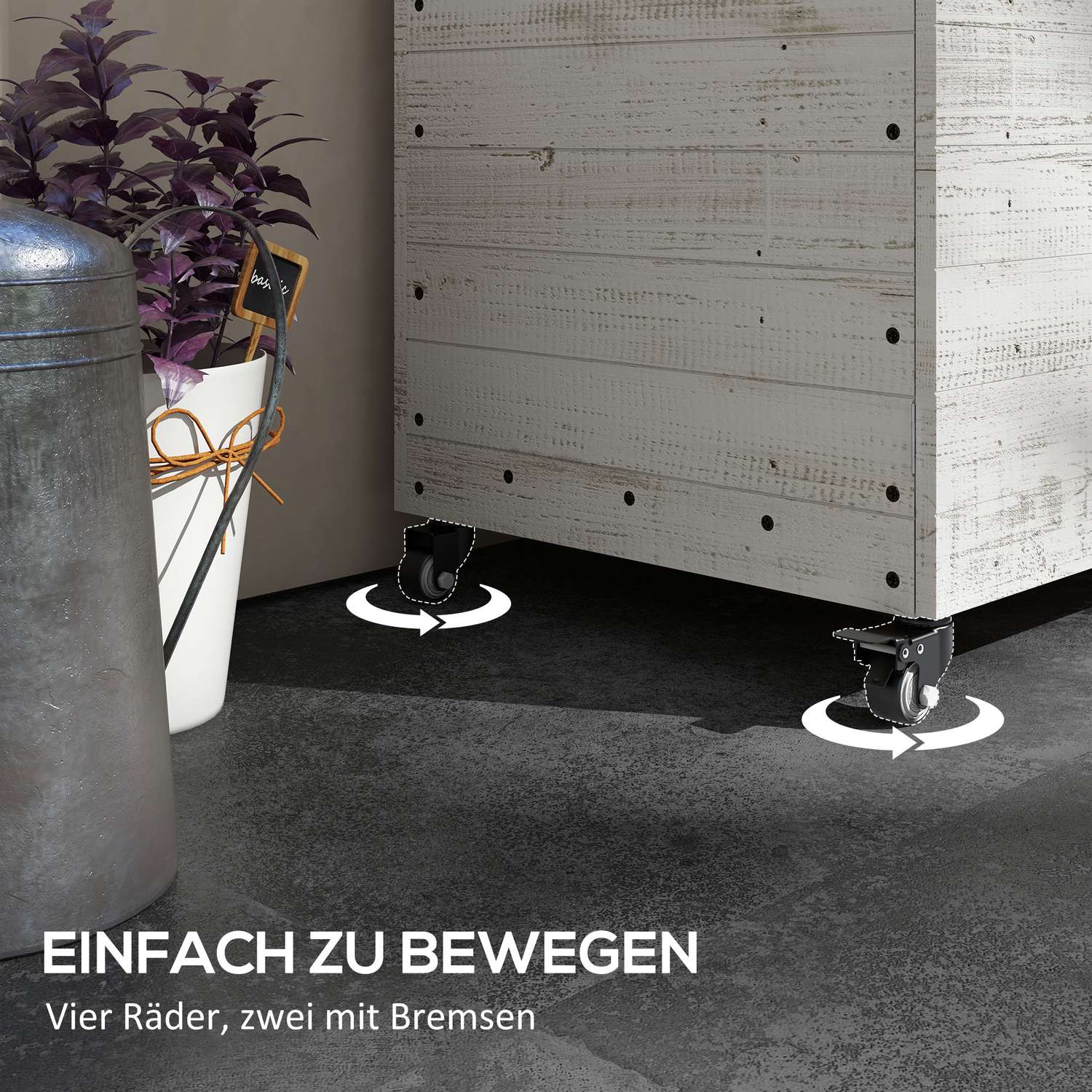 Planteringslåda i trä med hjul och förvaring, 110x50x95 cm