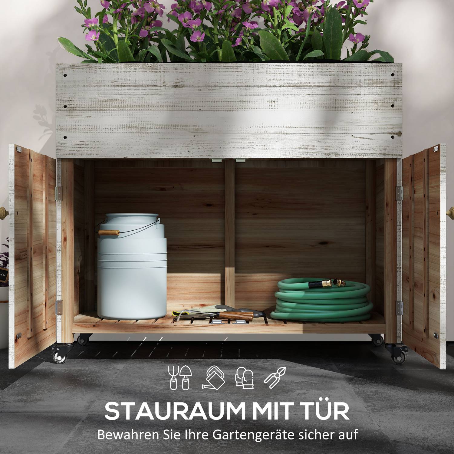 Planteringslåda i trä med hjul och förvaring, 110x50x95 cm