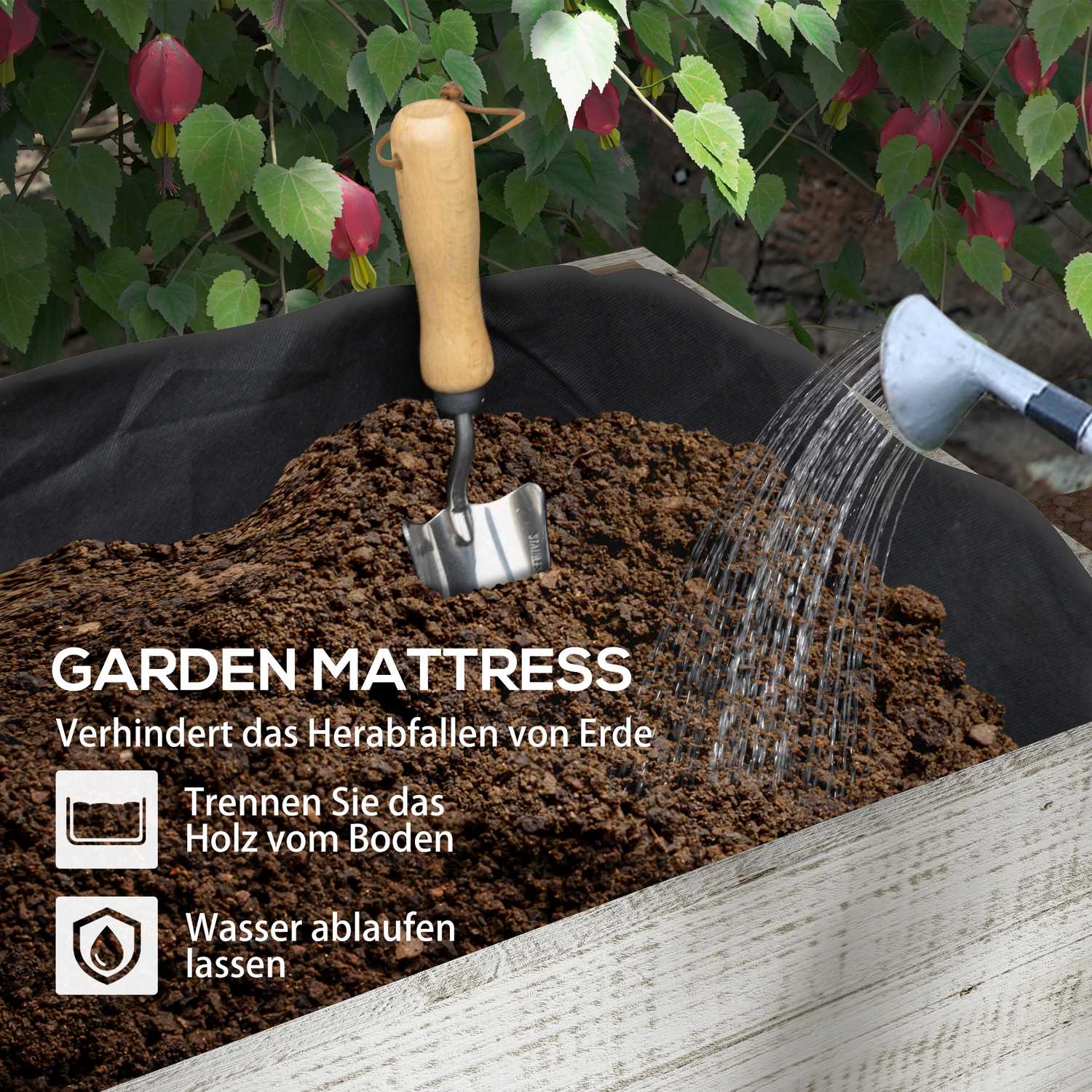 Planteringslåda i trä med hjul och förvaring, 110x50x95 cm