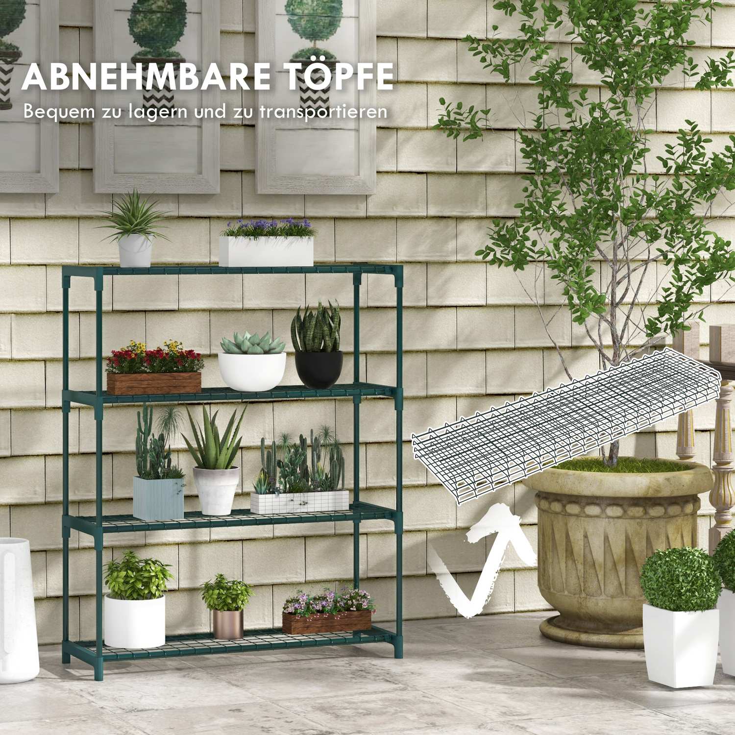 Planthylla – Blomstativ i 4 våningar i stål, mörkgrön