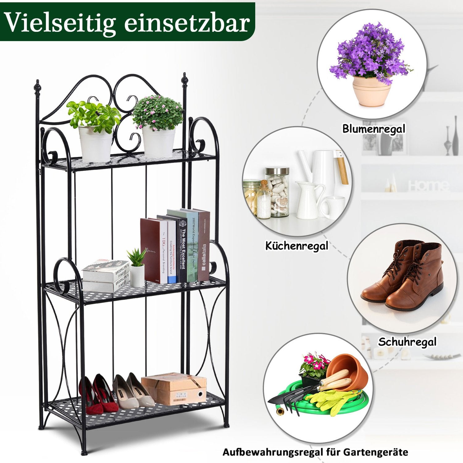 Planthylla i svart metall med 3 våningar – 56x30x114 Cm