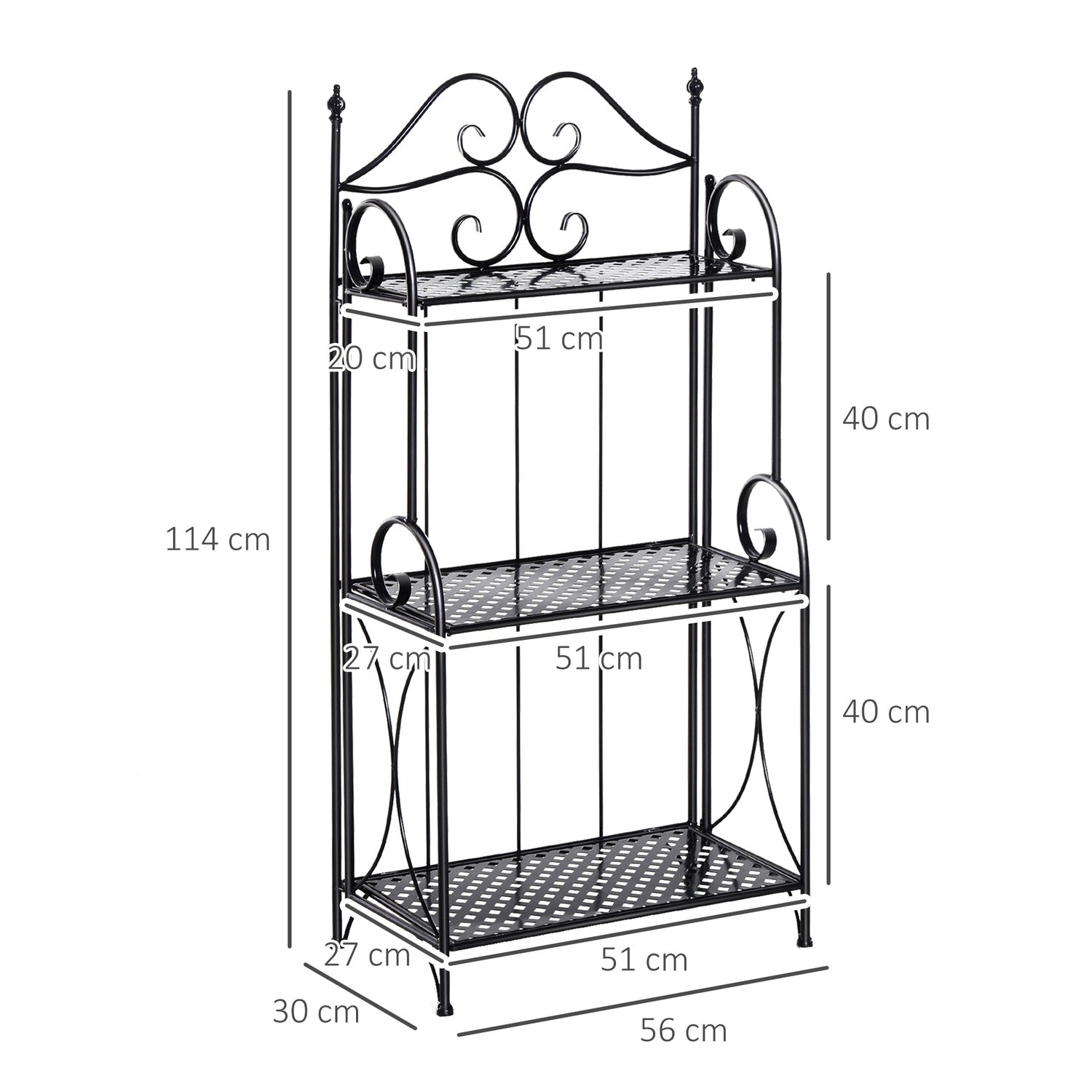 Planthylla i svart metall med 3 våningar – 56x30x114 Cm