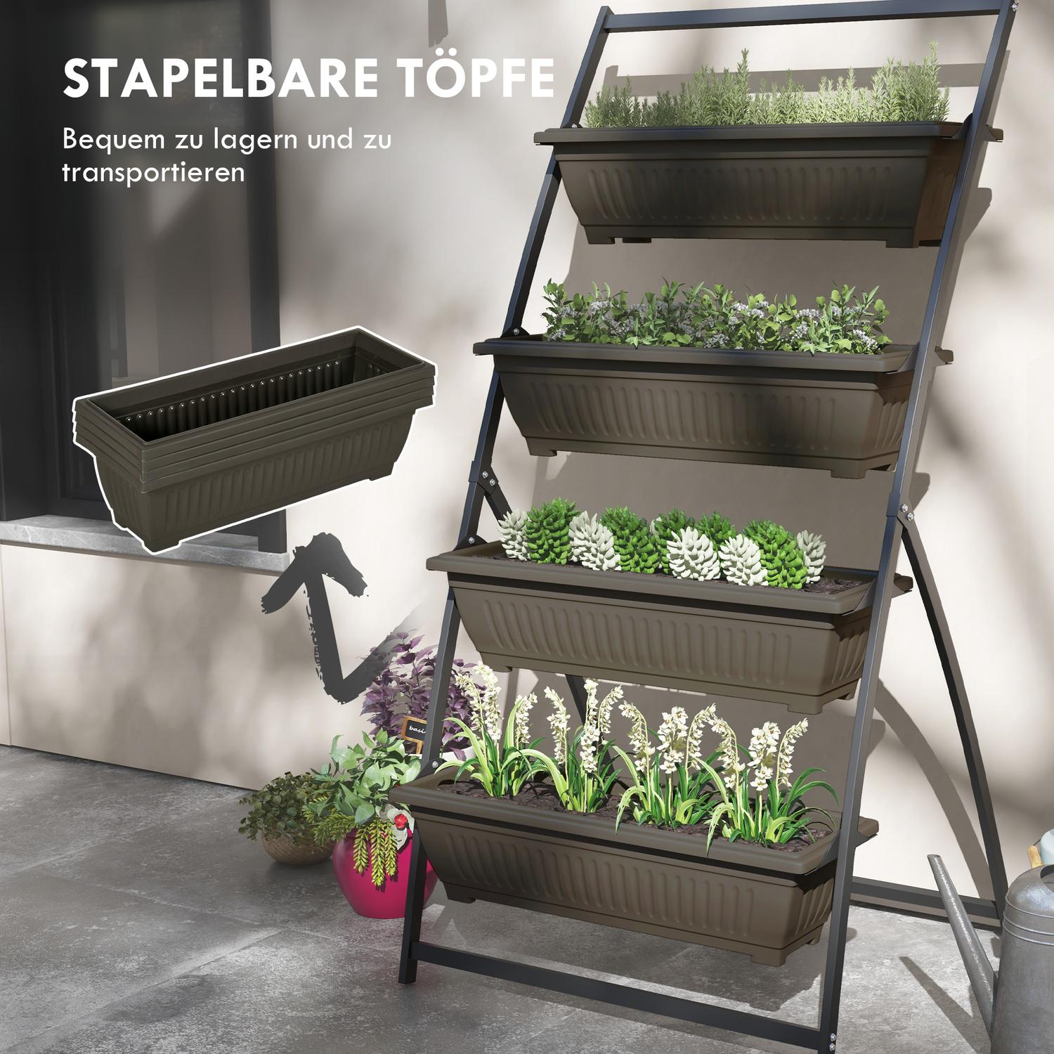 Plantställ i stål i 4 våningar, brunt, med hål för trädgården