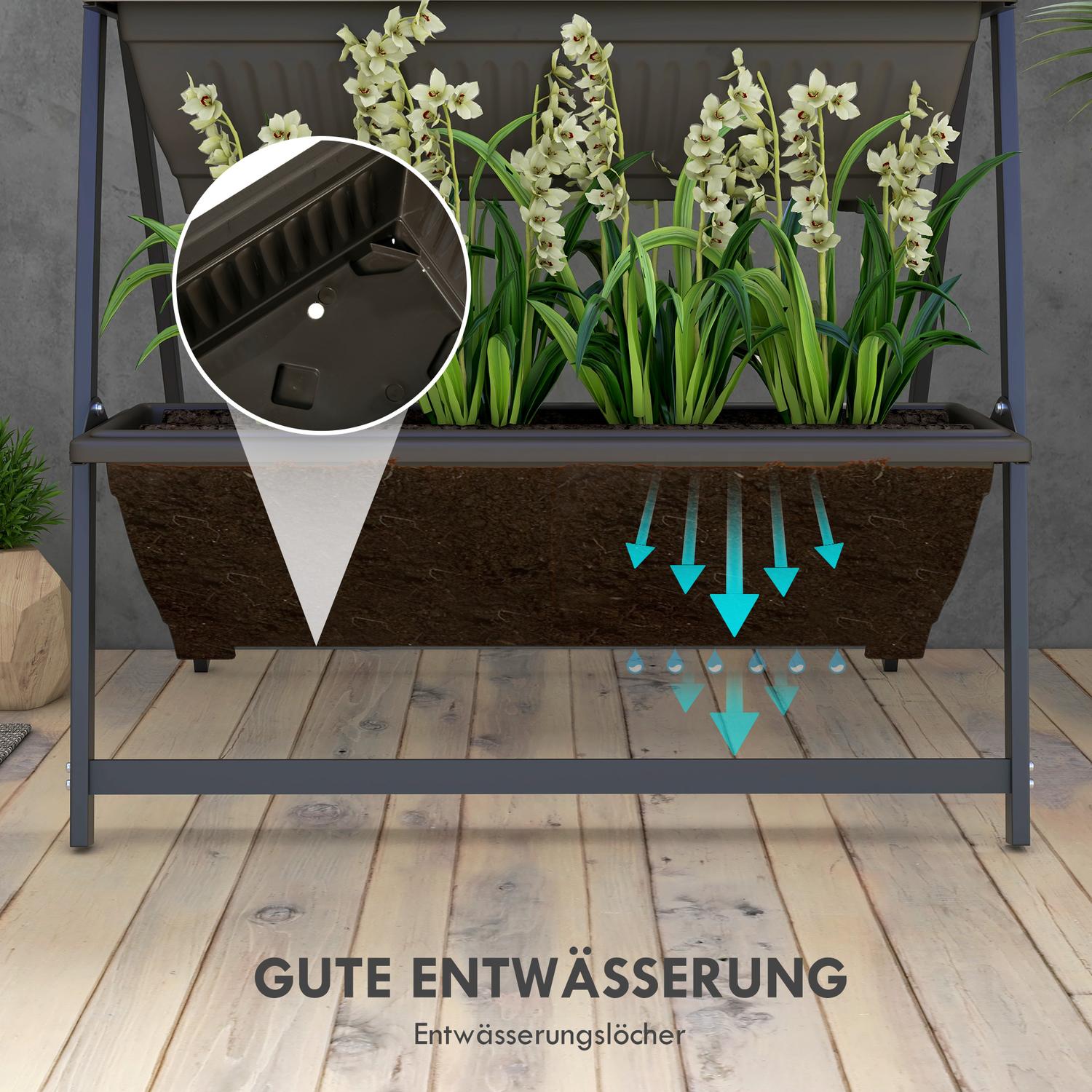 Plantställ i stål i 4 våningar, brunt, med hål för trädgården