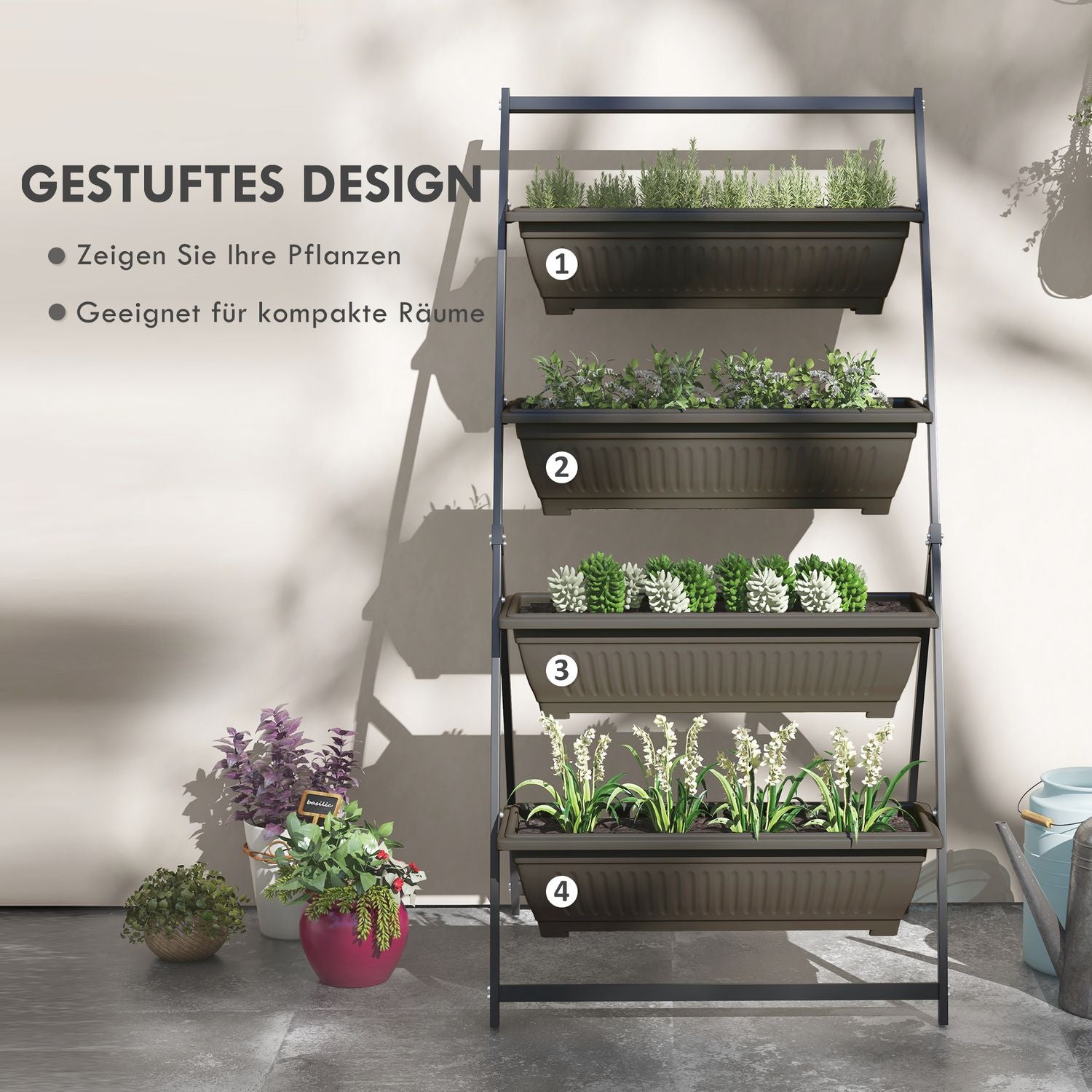 Plantställ i stål i 4 våningar, brunt, med hål för trädgården