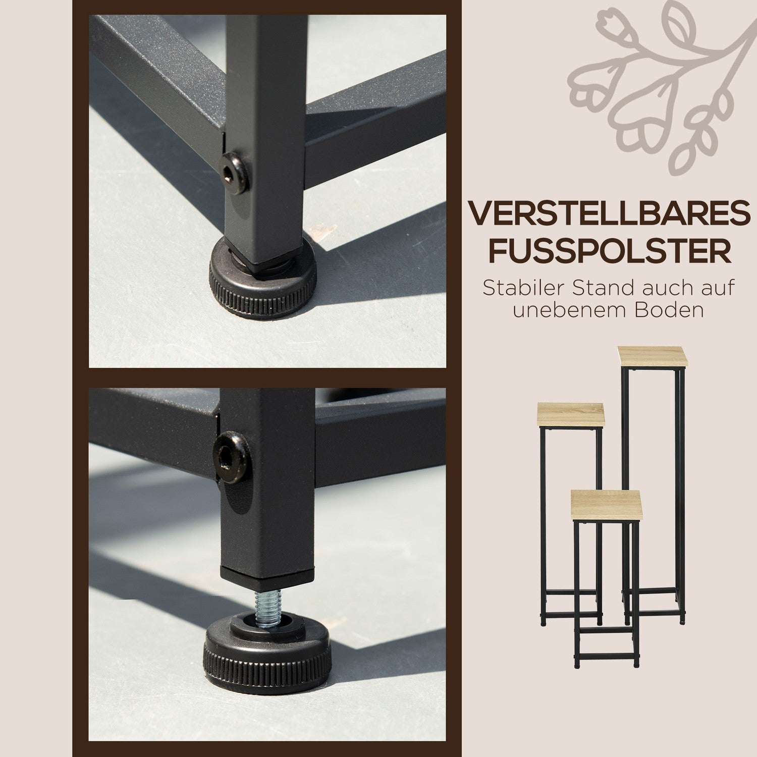 Plantställningsset i stål – 3-delad blomkrukhållare, svart & naturlig