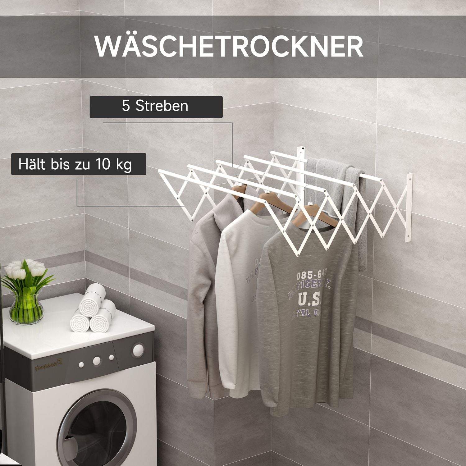 Platsbesparande väggtork, vit metall, inomhus/utomhus