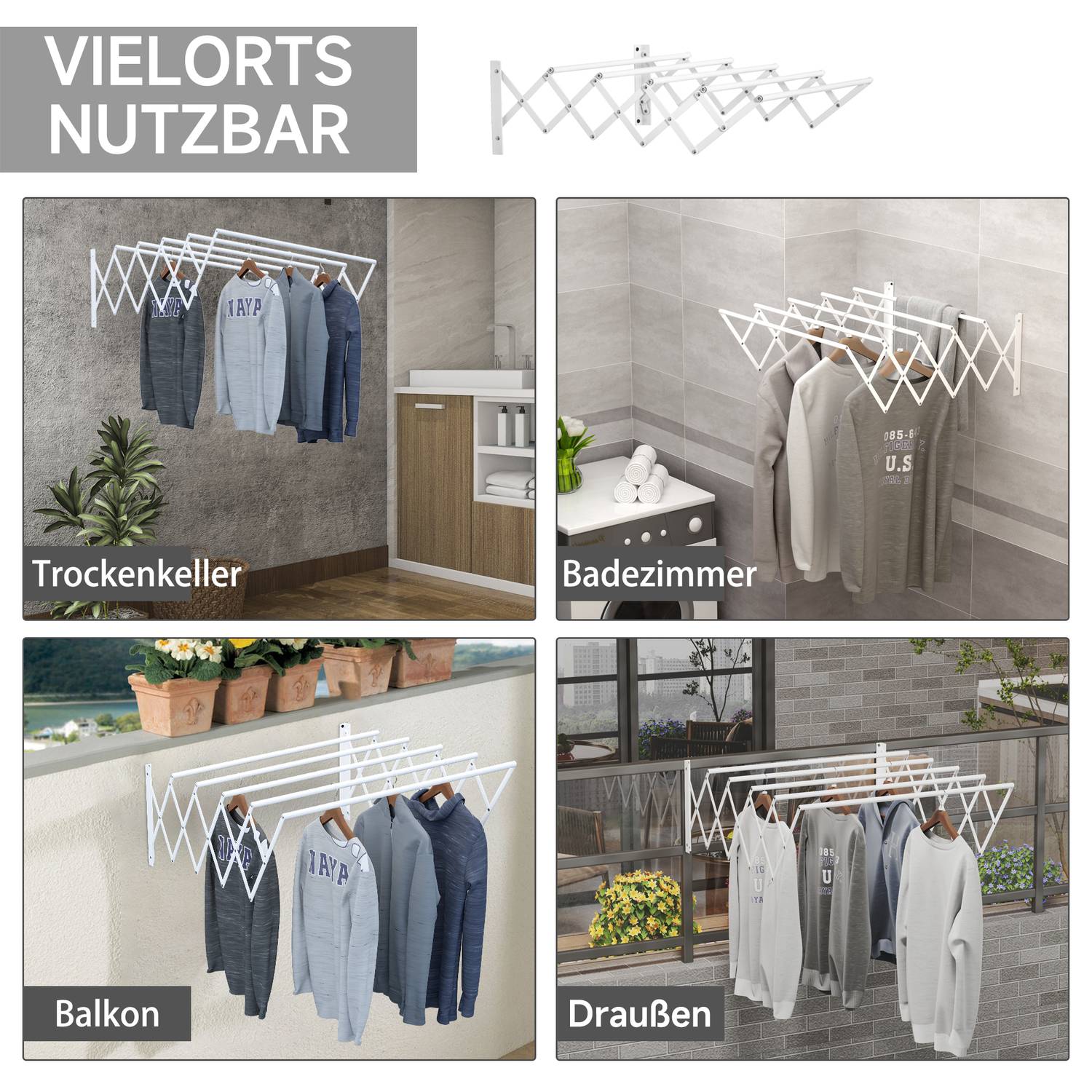 Platsbesparande väggtork, vit metall, inomhus/utomhus