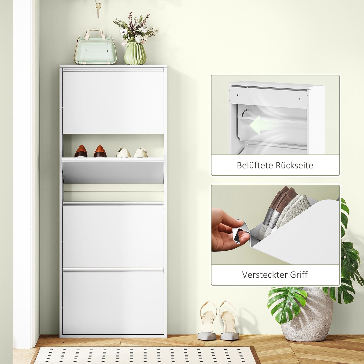 Platssparande skoskåp i metall med 4 klaffar, vit