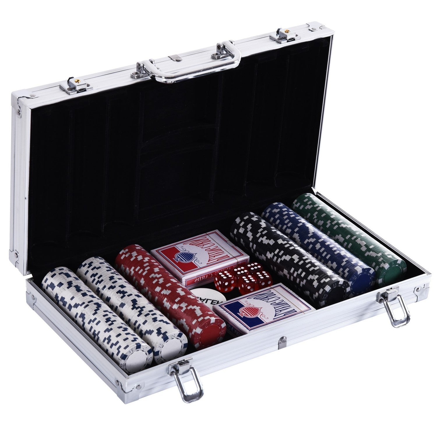 Pokerset – 300 fiches, 2 kaartspellen, 5 dobbelstenen, aluminium koffer