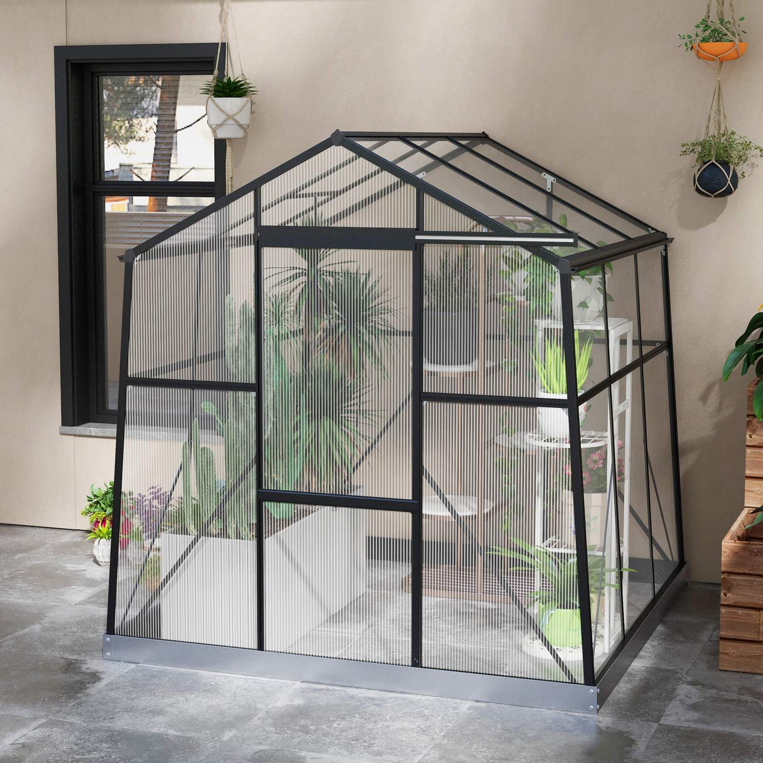 Greenhouse Aluminium 192 X 192 X 204 Cm Växthus 3,68 M² Tomathus Med Fönster, Skjutdörr, Fundament, Växthus, Svart