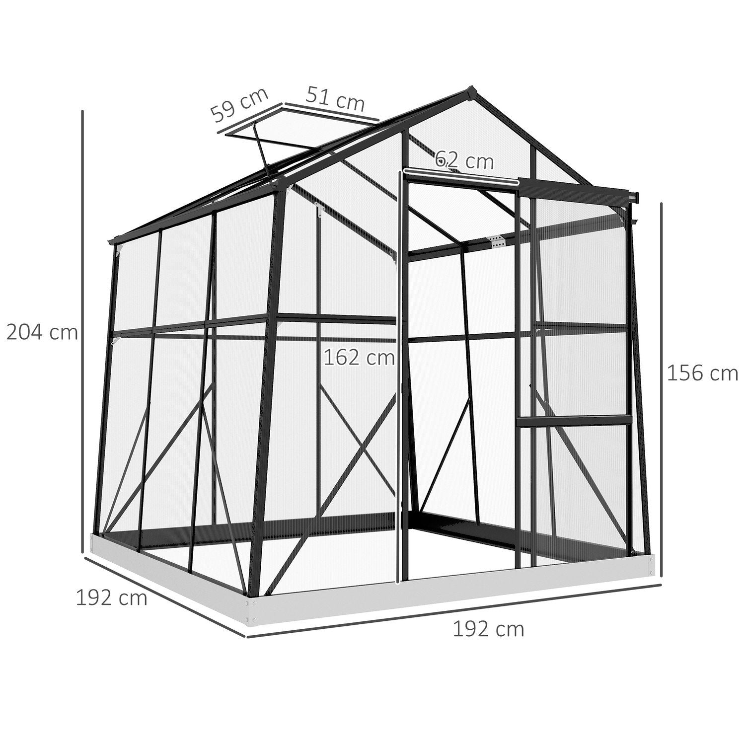 Greenhouse Aluminium 192 X 192 X 204 Cm Växthus 3,68 M² Tomathus Med Fönster, Skjutdörr, Fundament, Växthus, Svart