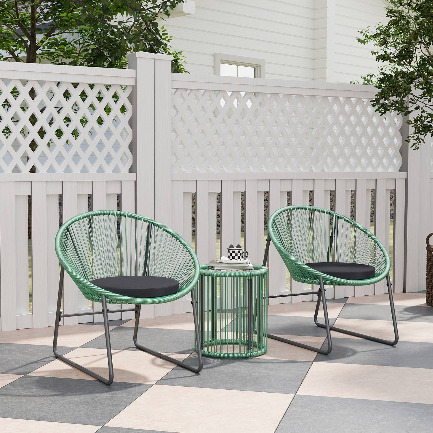 Polyrattan 3-delad Outdoor Lounge Set, gröna kuddar