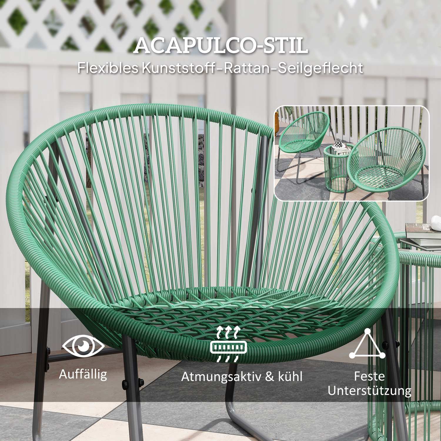 Polyrattan 3-delad Outdoor Lounge Set, gröna kuddar