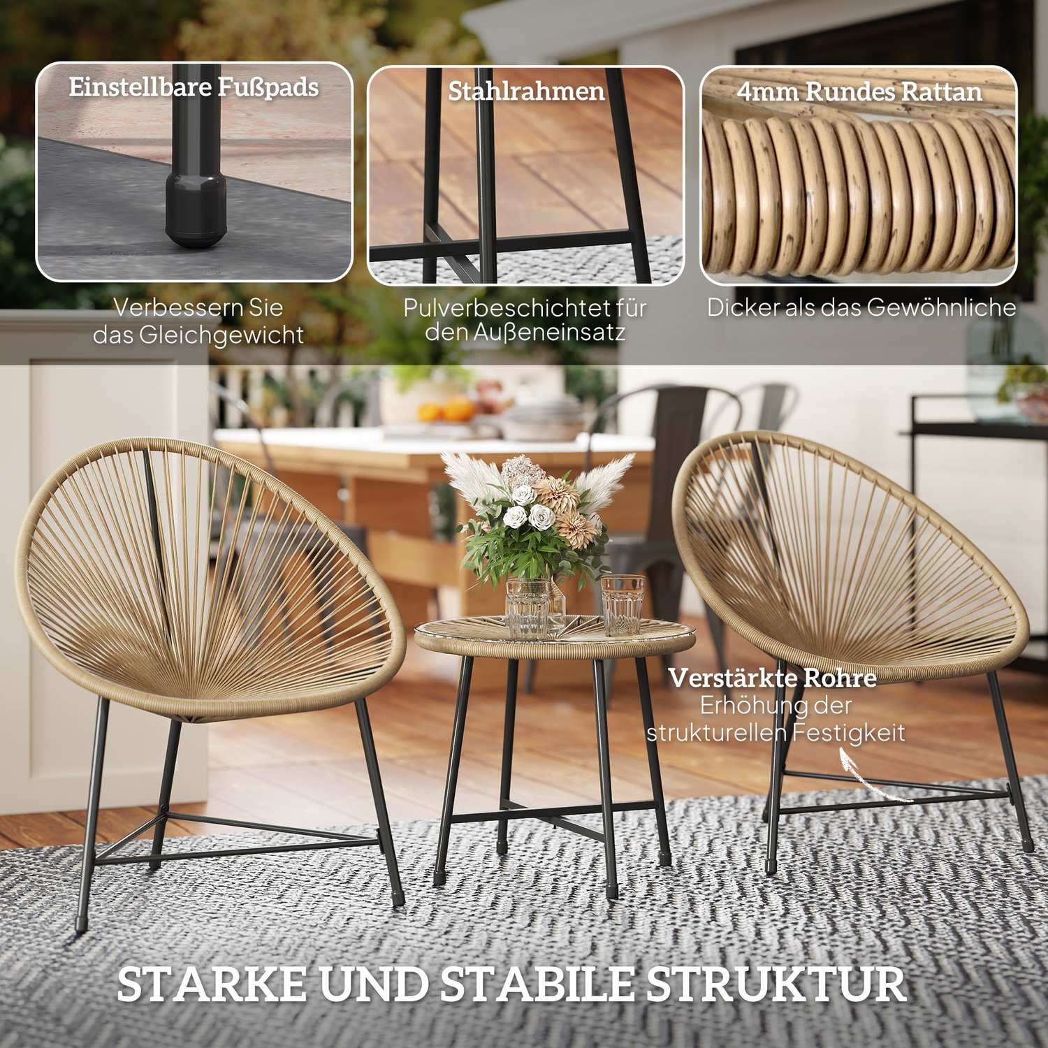 Polyrattan Outdoor Lounge Set, 3-delat, väderbeständig