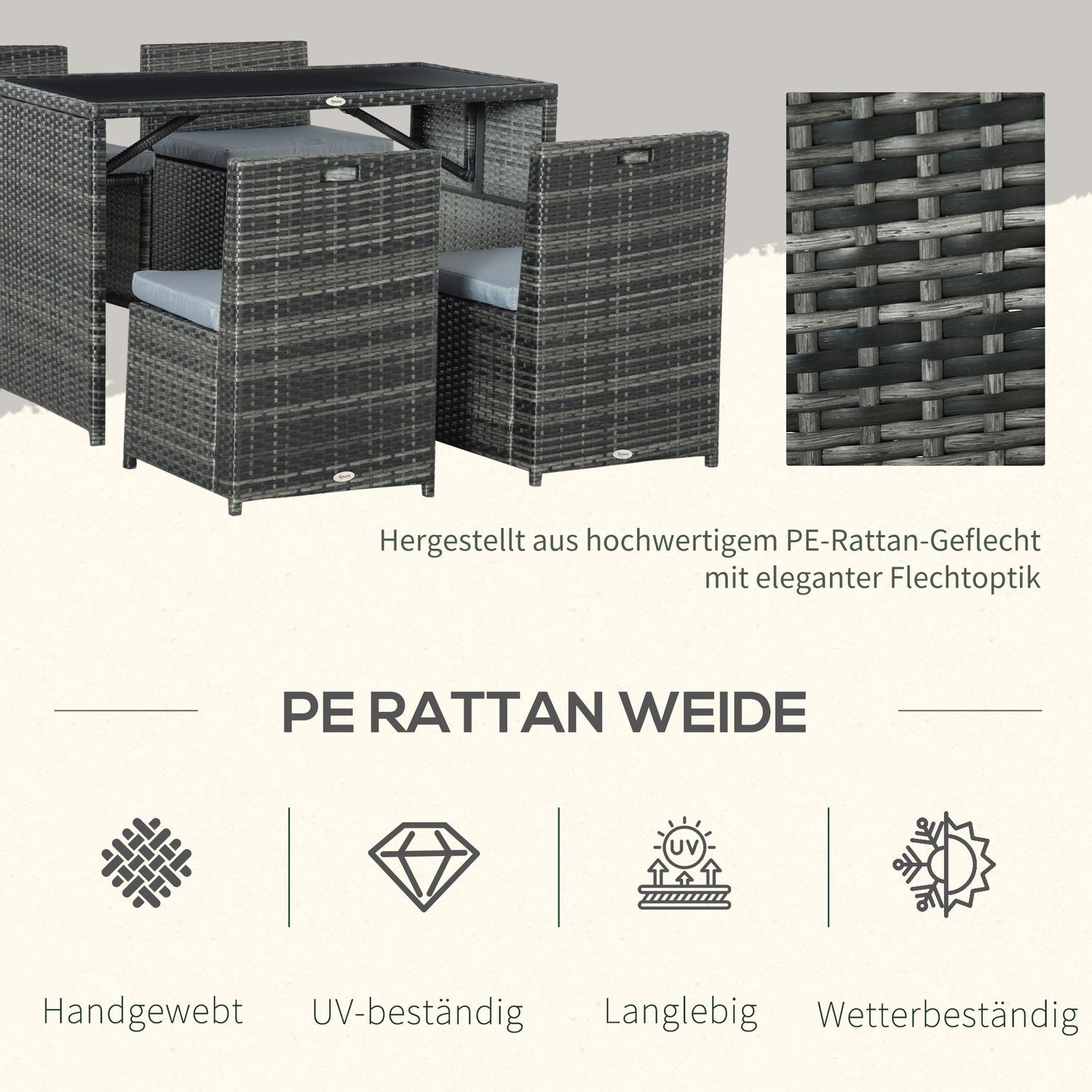 Polyrattan uteserveringsset för 4, Stålstomme, Grå