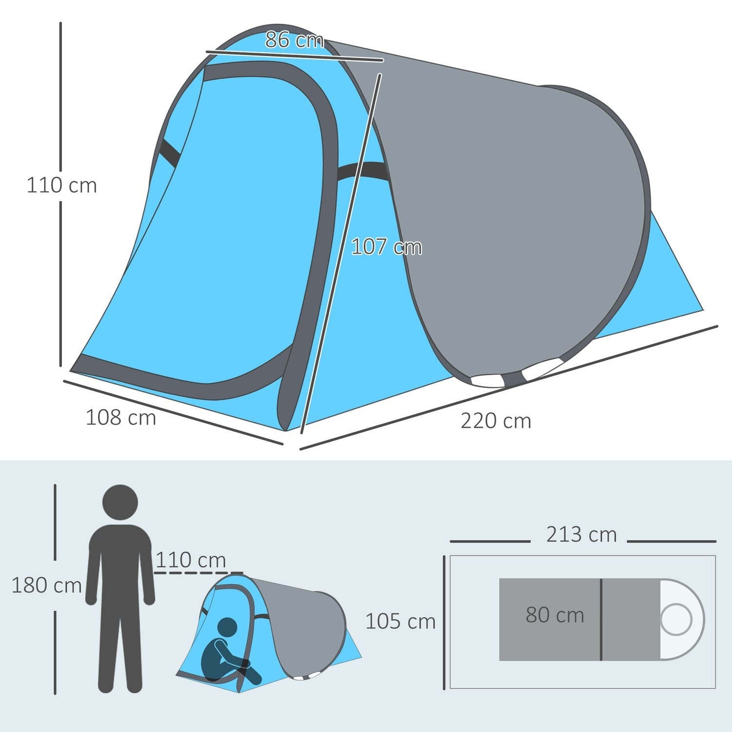 Pop-Up Tält För 1-2 Personer Lätt Campingtält För 3 Säsonger, Polyester & Glasfiber, Blå+Grå, 220X108X110Cm