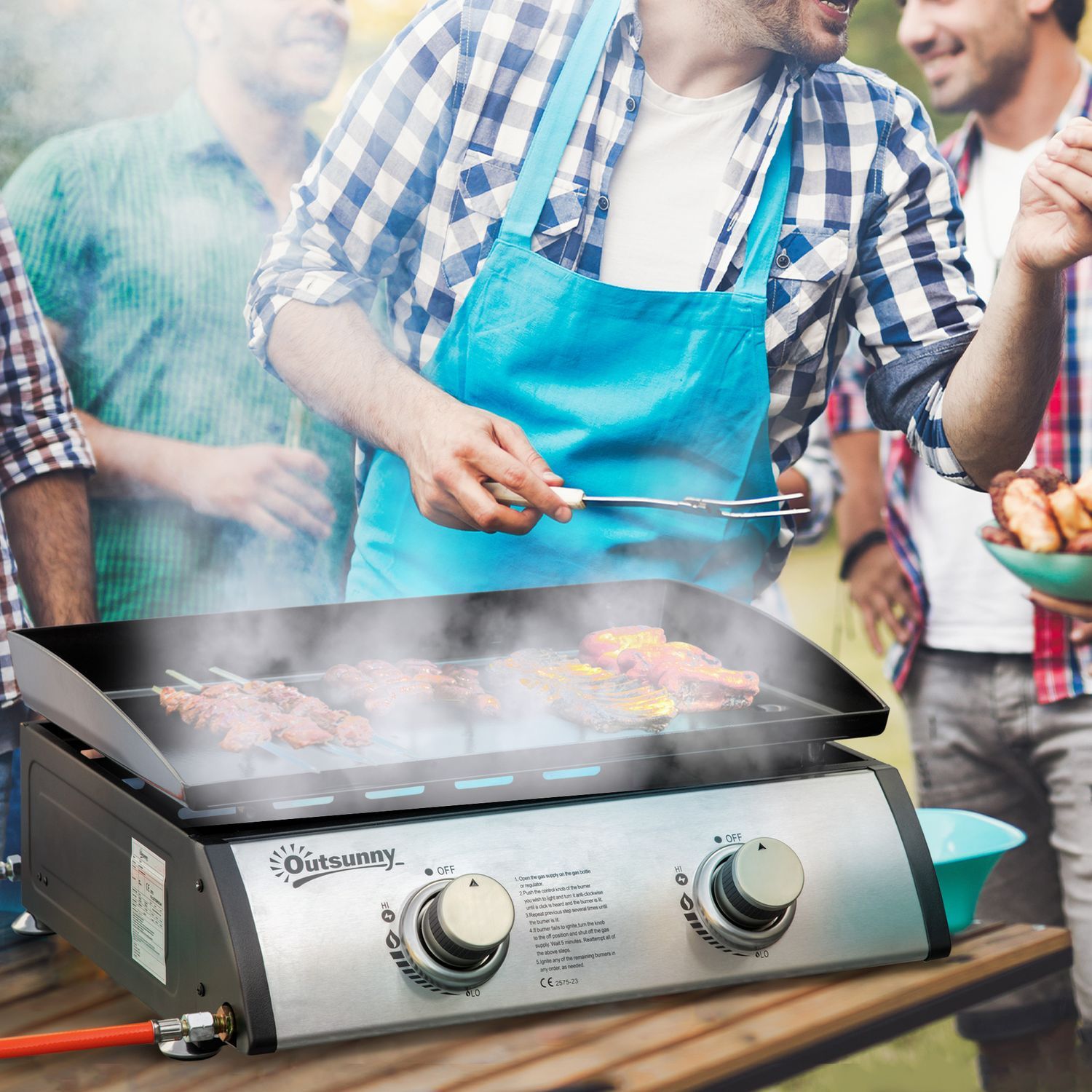 Bordsgrill Gasgrill Bbq Med 2 Brännare, Bordsgasgrill Med Slang, Non-Stick Grillplatta, Campinggrill, Rostfritt Stål + Metall, Silver